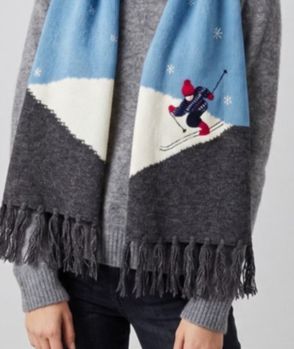 Vintage Winter Scarf Knitted Alpine Ski Scene Snowy Slope Blue Gray with Fringe